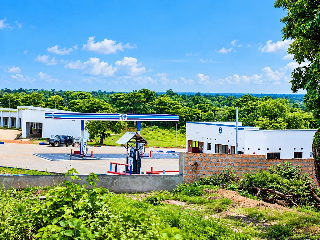 A Meladen fuel station set among trees